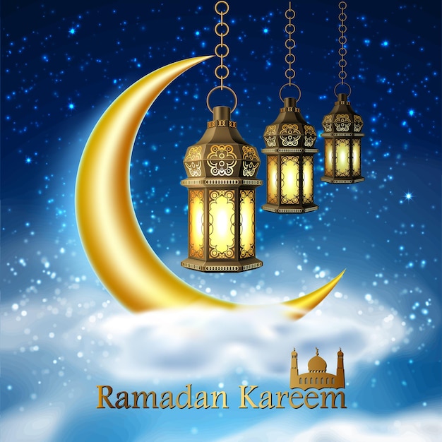 Plik wektorowy wektor ramadan kareem arabskie fanoos religijne na chmurze z gwiazdą nieba księżyca