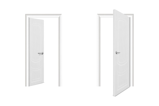 Wektor realistyczne różne otwarte i zamknięte białe drewniane drzwi zestaw ikon zbliżenie na białym tle elementy architektury szablon projektu klasyczne drzwi domu dla grafiki widok z przodu