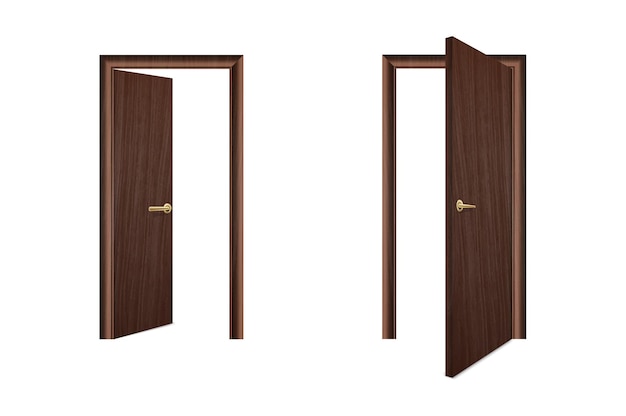 Wektor realistyczne różne otwarte i zamknięte białe drewniane drzwi zestaw ikon zbliżenie na białym tle na brązowym tle elementy architektury szablon projektu klasyczne drzwi domu dla grafiki widok z przodu