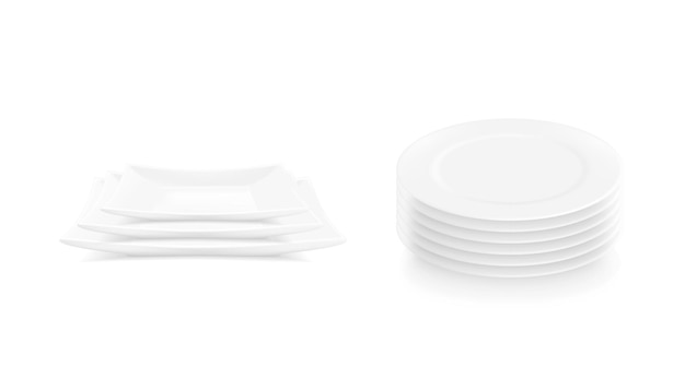 Wektor realistyczne stosy talerzy Białe porcelanowe talerze w stosach