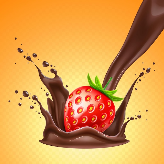 Wektor realistyczne szczegółowe truskawki w roztopionej czekoladzie