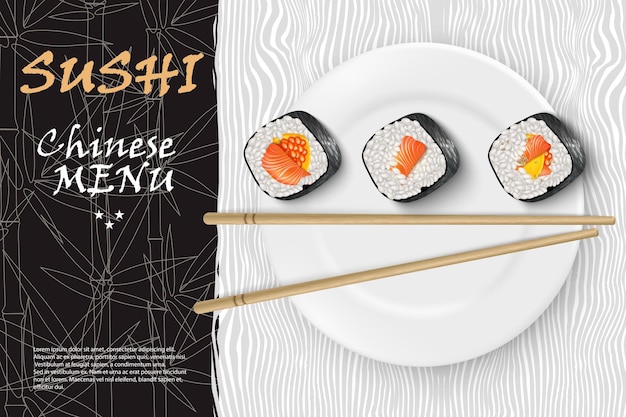 Wektor realistyczny obraz sushi na białym talerzu z kijami bambusowymi Restauracja sushi tło menu Reklama sushi