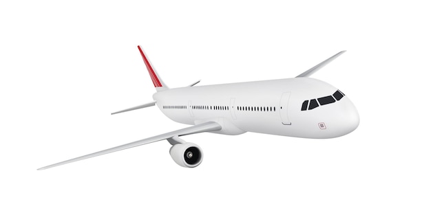 Wektor realistyczny samolot na białym tle. Bardzo szczegółowy biały samolot pasażerski z czerwonym tylnym skrzydłem.
