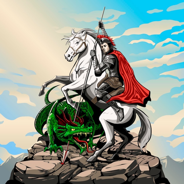 Plik wektorowy wektor ręcznie narysowany dzień św. jerzego ilustracja rycerza na koniu na szczycie góry