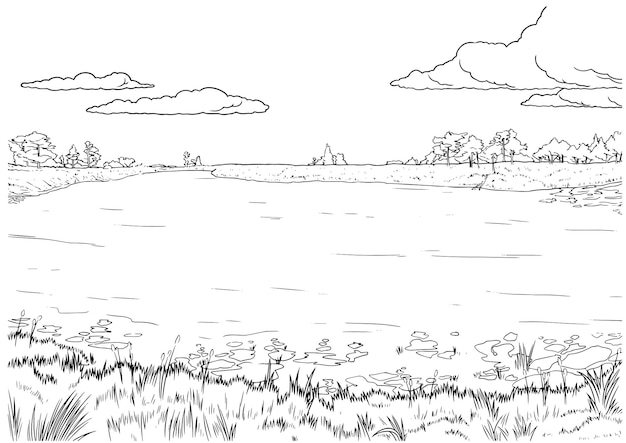 Wektor Ręcznie Narysowany Siedlisko Duże Jezioro W środku Terenu Podmokłego Ilustracja Konturów