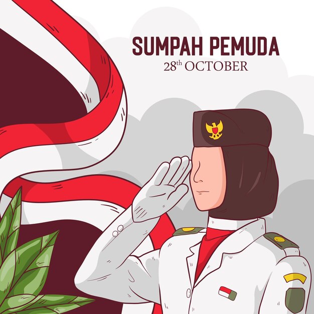 Plik wektorowy wektor ręcznie rysowana ilustracja dla indonezyjskiej sumpah pemuda ilustracja przedstawiająca osoby podnoszące flagę z szacunkiem