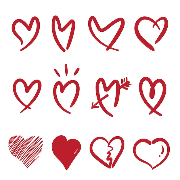 Wektor Ręcznie Rysowane Doodle Stylu Serca Na Białym Tle Grupy Czerwone Serce