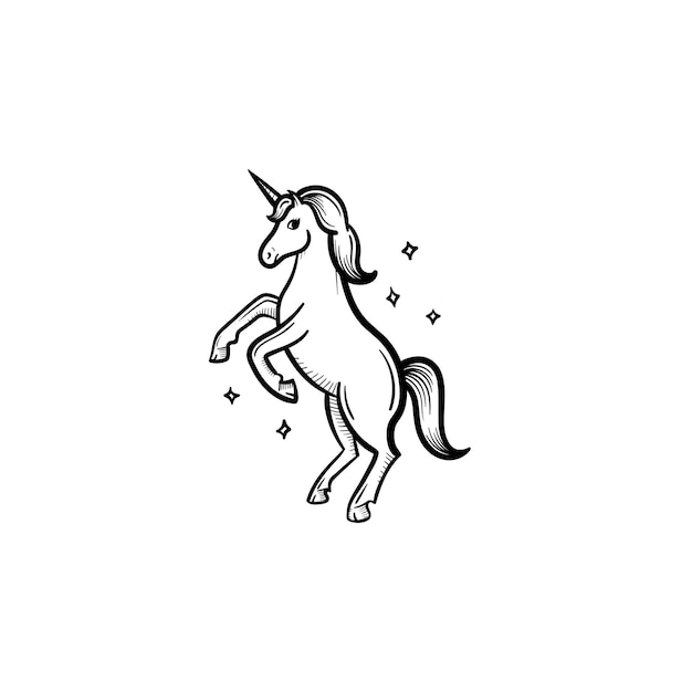 Wektor ręcznie rysowane jednorożca z magicznymi gwiazdami zarys doodle ikona. Jednorożec z magicznymi gwiazdami szkic ilustracji do druku, sieci web, mobile i infografiki na białym tle.