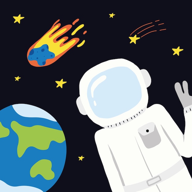 Wektor ręcznie rysowane plakat z astronautą i ziemią. Plakat kosmiczny z napisem. Ilustracja wektorowa