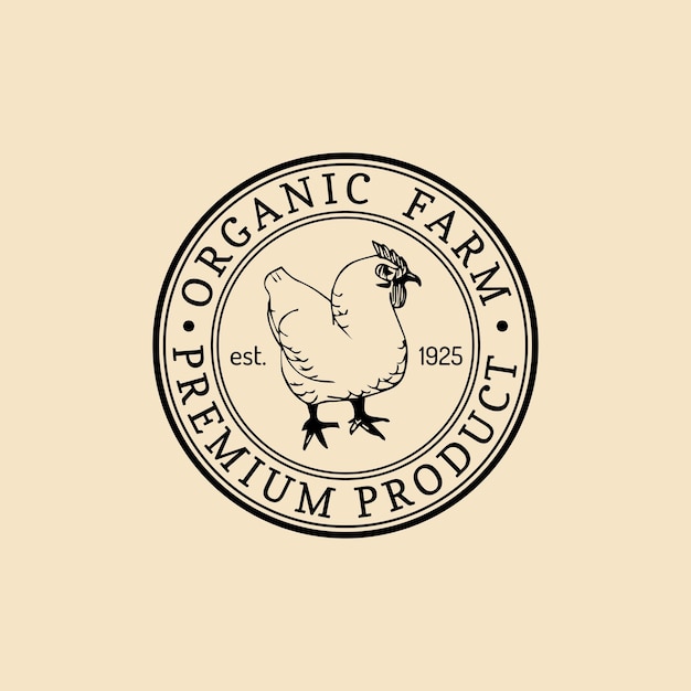 Plik wektorowy wektor retro farma świeży logotyp. logo produktów ekologicznych najwyższej jakości. znak żywności ekologicznej. ręka starodawny szkic ikona kura.