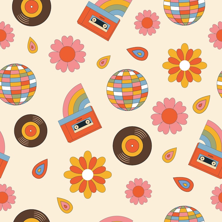 Wektor wektor retro wzór z płytą winylową magnetofon disco ballmusical urządzeń 70s
