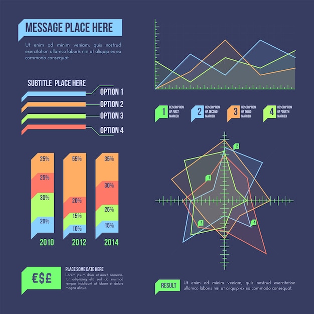 Wektor Różne Wykresy Układ Proces Biznesowy Wizualizacja Danych Infografika Ikona Elementy Marketing Kolekcja Szablon Pakiet Ciemne Tło