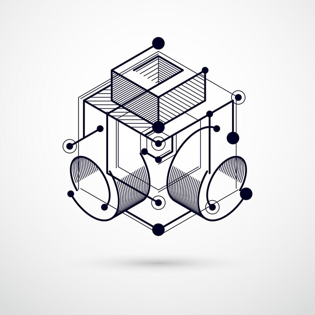 Wektor Rysunek Czarno-białego Systemu Przemysłowego Stworzony Za Pomocą Linii I Kostek 3d. Nowoczesna Kompozycja Geometryczna Może Służyć Jako Szablon I Układ.