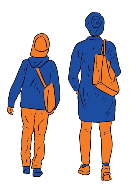 Plik wektorowy wektor rysunek młodej matki z synem spacerują razem na świeżym powietrzu