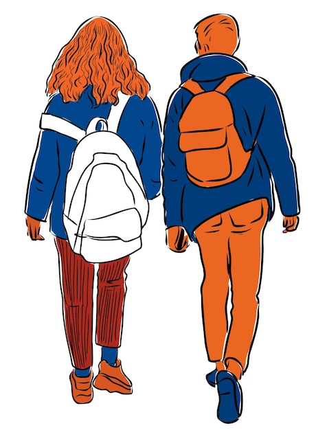 Plik wektorowy wektor rysunek pary nastolatków idących ulicą