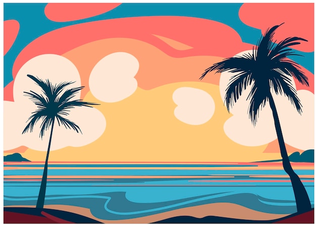 Plik wektorowy wektor rysunek piękny tropikalny krajobraz, piękny wschód słońca, piękny zachód słońca nad morzem