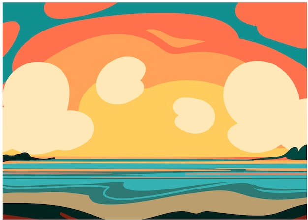 Plik wektorowy wektor rysunek piękny tropikalny krajobraz, piękny wschód słońca, piękny zachód słońca nad morzem