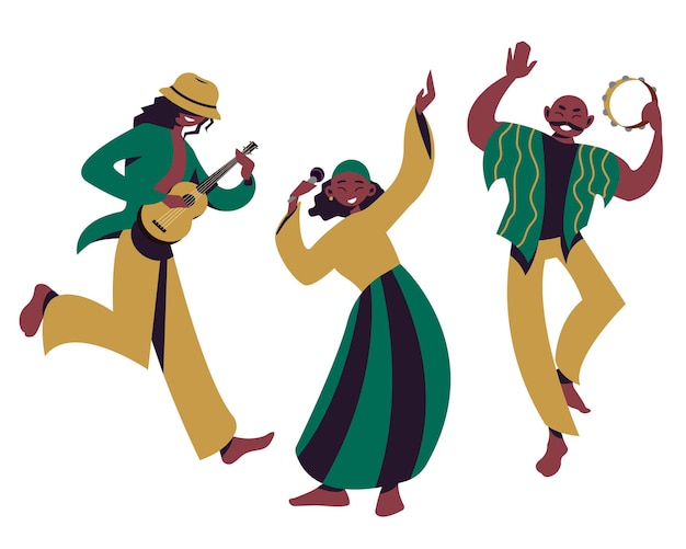 Plik wektorowy wektor rysunek trzech muzyków tańczących, śpiewających i grających na gitarze i tamburynie