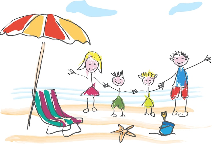 Wektor wektor rysunek wykonany przez szczęśliwą rodzinę dziecka na wakacjach na plaży i morzu