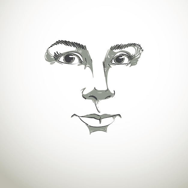 Wektor Rysunek Zamyślona Kobieta Myśli O Czymś. Czarno-biały Portret Atrakcyjnej Martwej Kobiety O Delikatnych Rysach Twarzy.