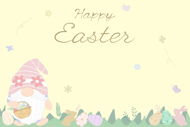Wektor Śliczny gnom trzymający kosz z wieloma jajkami stoi na naturalnym widoku Bunny play bug and egg