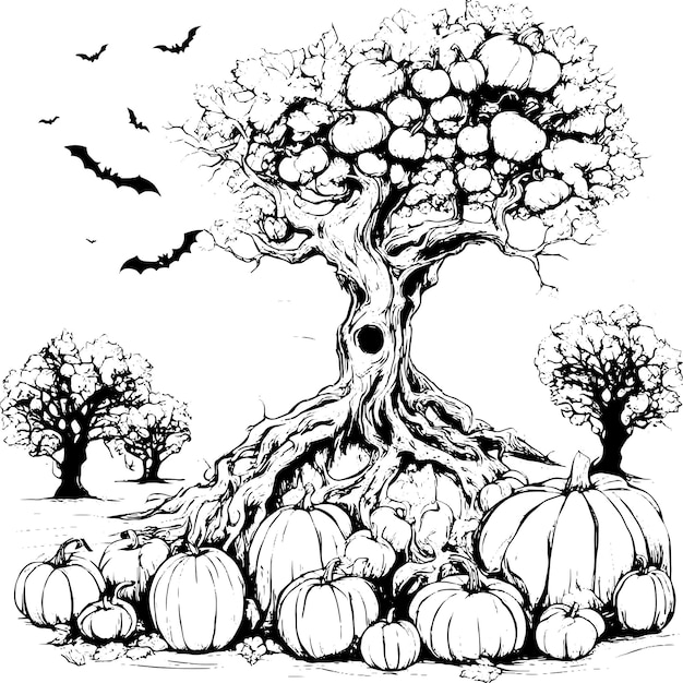 Wektor straszliwego drzewa Halloween z szkicem dyni halloween izolowanym na białym tle Drzewo Halloween w stylu vintage i ilustracja wektorowa dyni