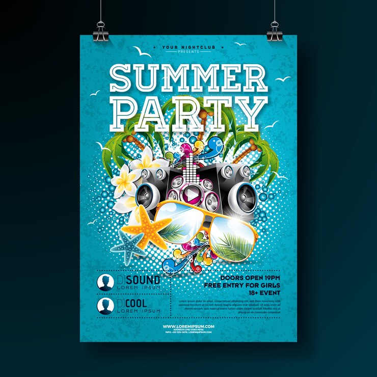 Wektor wektor summer party plakat szablon projektu z kwiatem i okulary przeciwsłoneczne