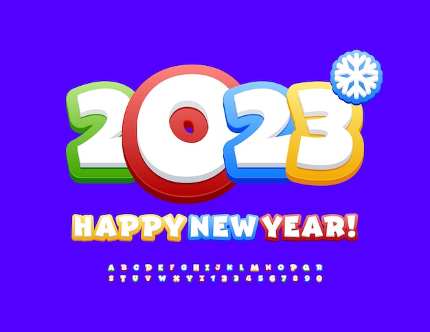 Wektor świąteczna Kartka Z życzeniami Szczęśliwego Nowego Roku 2023! Kolorowe Czcionki Dla Dzieci. Zabawny Jasny Alfabet