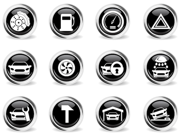 Plik wektorowy wektor symbol interfejsu samochodu na okrągłym czarnym przycisku z metalowym pierścieniem