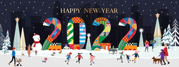 Plik wektorowy wektor szczęśliwego nowego roku 2022 z zimowym krajobrazem w mieście z ludźmi świętującymi w wigilię bożego narodzenia