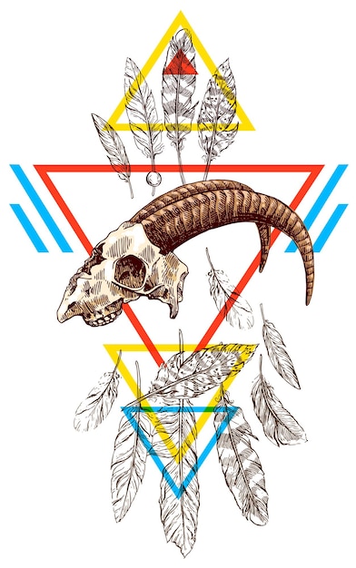 Plik wektorowy wektor szkic ilustracji zwierzęca czaszka rysunek ręcznie styl boho użyj do plakatów, pocztówek, drukuj na tatuaż tshirt