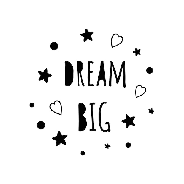 Wektor typograficzne inspirujące plakat pokój dziecka z tekstem marzenie duże zdobione słodkie ręcznie rysowane czarne gwiazdy serca Fraza baby shower projekt karty baner tkaniny Dziecinna ilustracja wektorowa złoty