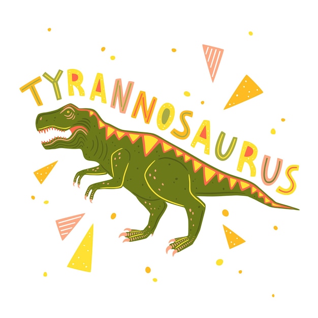 Wektor Tyrannosaurus Rex Na Białym Tle Napis I Kolorowe Elementy Geometryczne