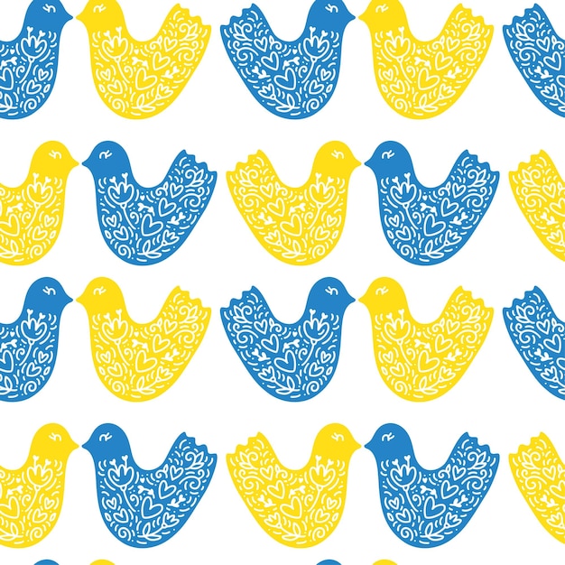 Wektor ukraiński wzór z ptakiem śmieszne żółte i niebieskie kurczaki na białym tle