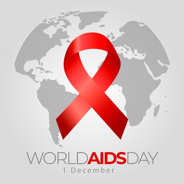 Wektor w formacie kwadratowym symbolu czerwonej wstążki światowego dnia pomocy na mapie świata 1 grudnia dzień hiv