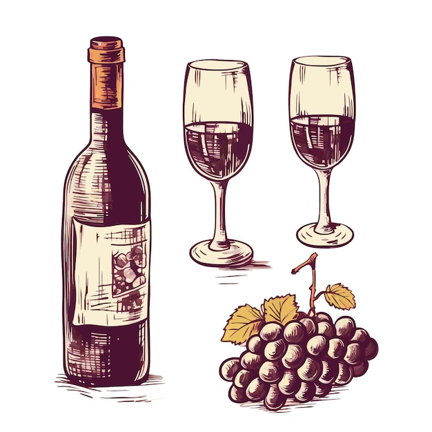 Wektor wino szkic ilustracja ikona eps10 wektor butelka okulary winorośli beczka korkociąg ręcznie rysowane na białym tle elementy projektu ikona eps10