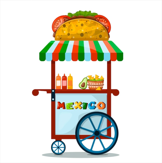 Plik wektorowy wektor wózek uliczny z meksykańskim jedzeniem ilustracja kreskówka płaski koszyk sprzedający taco nachos na targach