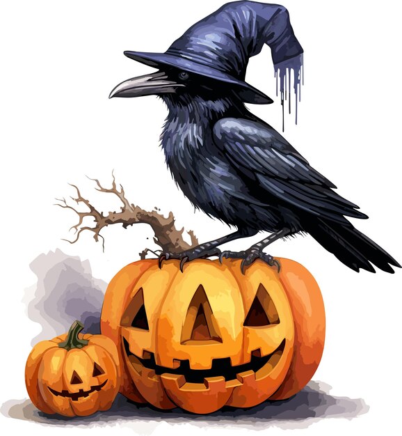 wektor wrona z kapeluszem na dyni wrona i latarnia z dyni halloween dynia i wrona wektor na białym tle