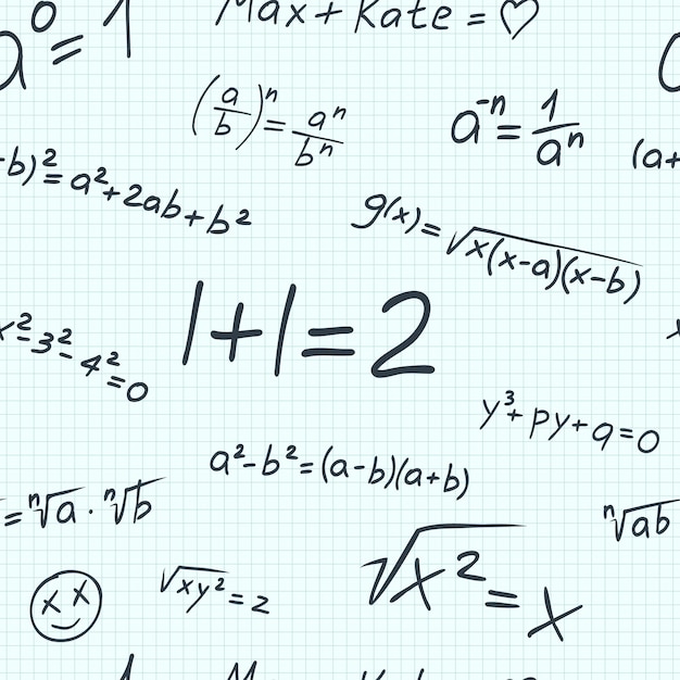 Wektor wzór formuły bezszwowe matematyki. Zeszyt ćwiczeń szkolnych z uśmiechem i elementami napisanymi piórem