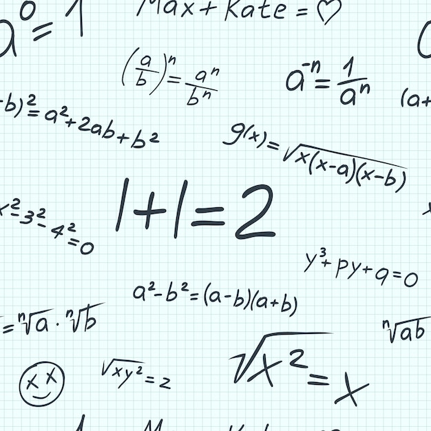 Plik wektorowy wektor wzór formuły bezszwowe matematyki. zeszyt ćwiczeń szkolnych z uśmiechem i elementami napisanymi piórem