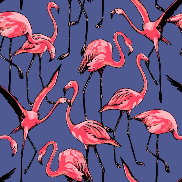 Wektor wzór pięknych flamingów. Ozdoba ptaków egzotycznych. Tropikalny kolorowy wzór tapety, tkaniny, nadruku, tkaniny, tła.