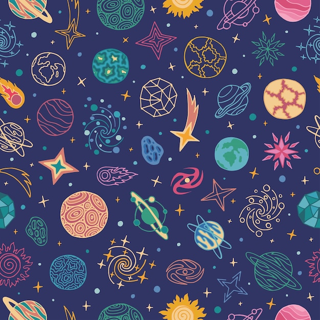 Plik wektorowy wektor wzór przestrzeni z planet, komet i gwiazd doodle tła astronomicznego