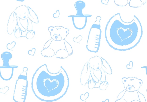 Wektor wzór semaless z ręcznie rysowanymi akcesoriami ilustracyjnymi dla dzieci i noworodka na białym tle