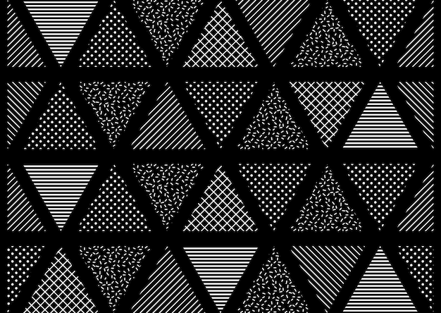 Wektor wzór. Streszczenie geometryczne czarno-białe kropkowany trójkąt liniowy, stylowe kafelki z innym ornamentem, ilustracja retro. Proste tło perforowanego rombu