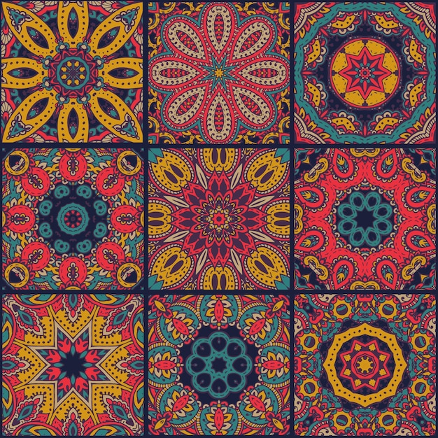 Wektor Wzór Streszczenie Kolorowy Patchwork, Etniczne Ozdoby., Arabski, Indyjskie Motywy, Ręcznie Rysowane Elementy. Mandala Okrągły Ornament Paisley W Kwadraty Do Projektowania Nadruków Na Tekstyliach, Papier Do Pakowania.