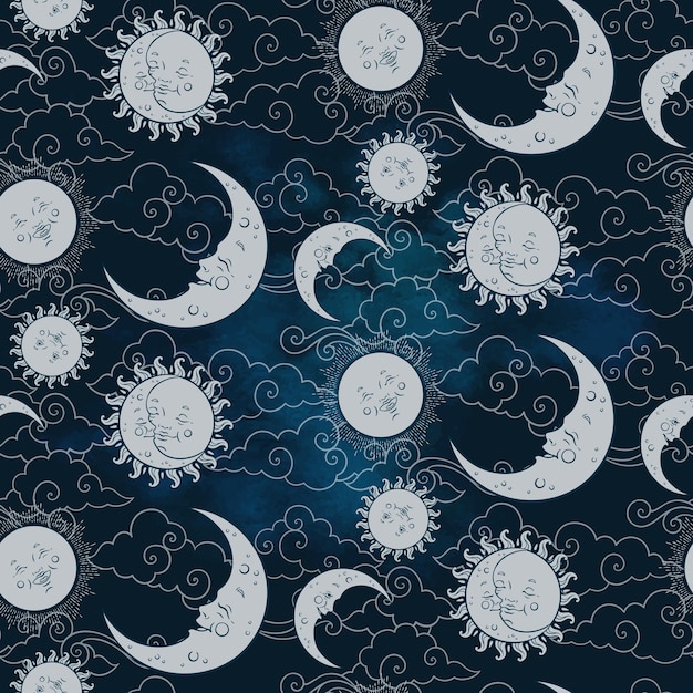 Wektor Wzór Z Baby Ciał Niebieskich Księżyc Słońce Gwiazdy I Chmury Pastelowe Ręcznie Rysowane Tekstylia Lub Opakowania Dla Dzieci