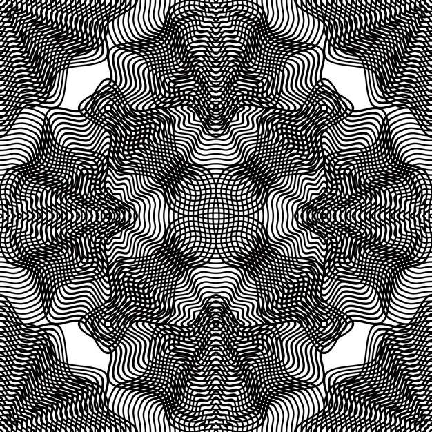 Wektor wzór z czarnymi liniami graficznymi, kalejdoskop streszczenie tło z ornamentem nakładki. Monochromatyczne iluzoryczne bezszwowe tło, może służyć do projektowania graficznego.