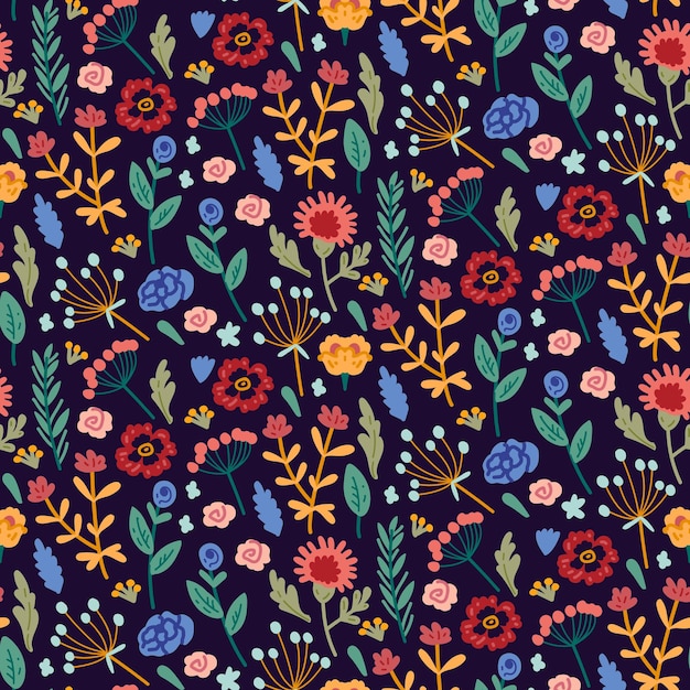 Wektor wzór z ręcznie rysowane dzikie rośliny zioła i kwiaty kolorowa ilustracja botaniczna elementy kwiatowe ręcznie rysowane powtarzające się tło Dzika łąka zioła kwitnące kwiaty