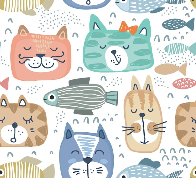 Wektor Wzór Z Ręcznie Rysowane Kolorowe Twarze Kotów I Graficznych Ryb