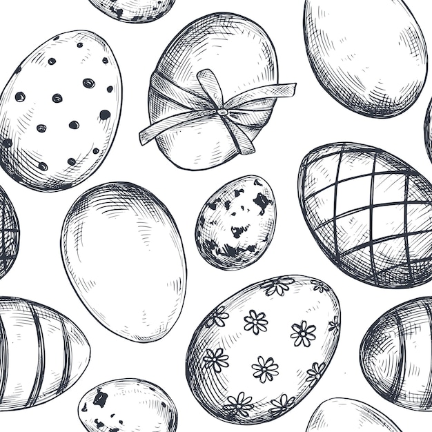 Wektor wzór z ręcznie rysowane kwiecisty jaj. Realistyczne szkic ilustracji w czarno-białych kolorach. Wielkanoc niekończące się tło